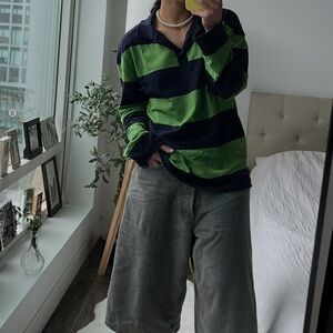 Zara Men's Rugby-Striped Crewneck Sweater - Green & Navy